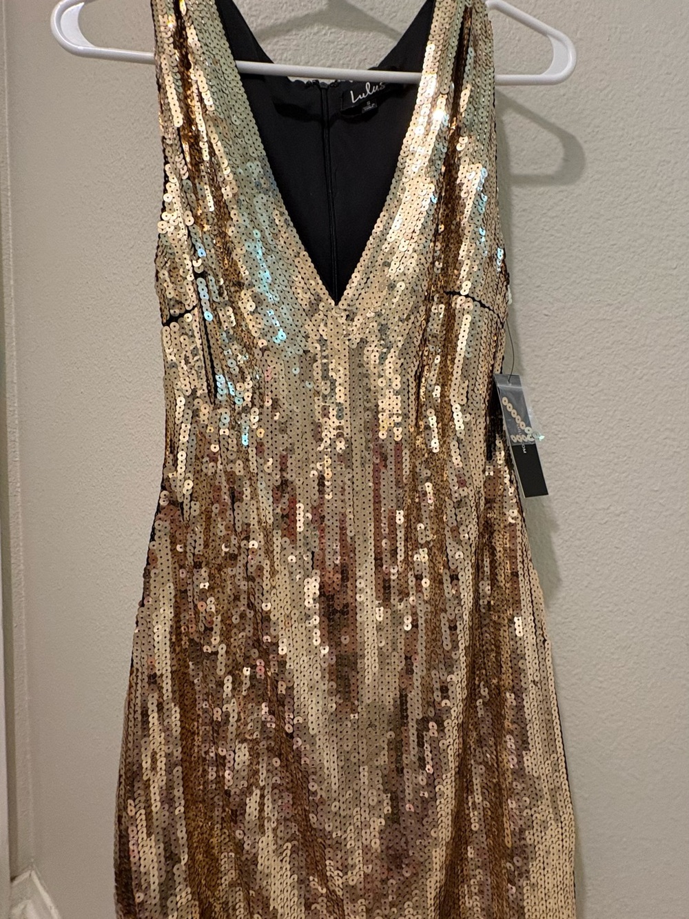 Lulu's Gold Sequin V-Neck Cocktail Dress - Picture 3 of 6